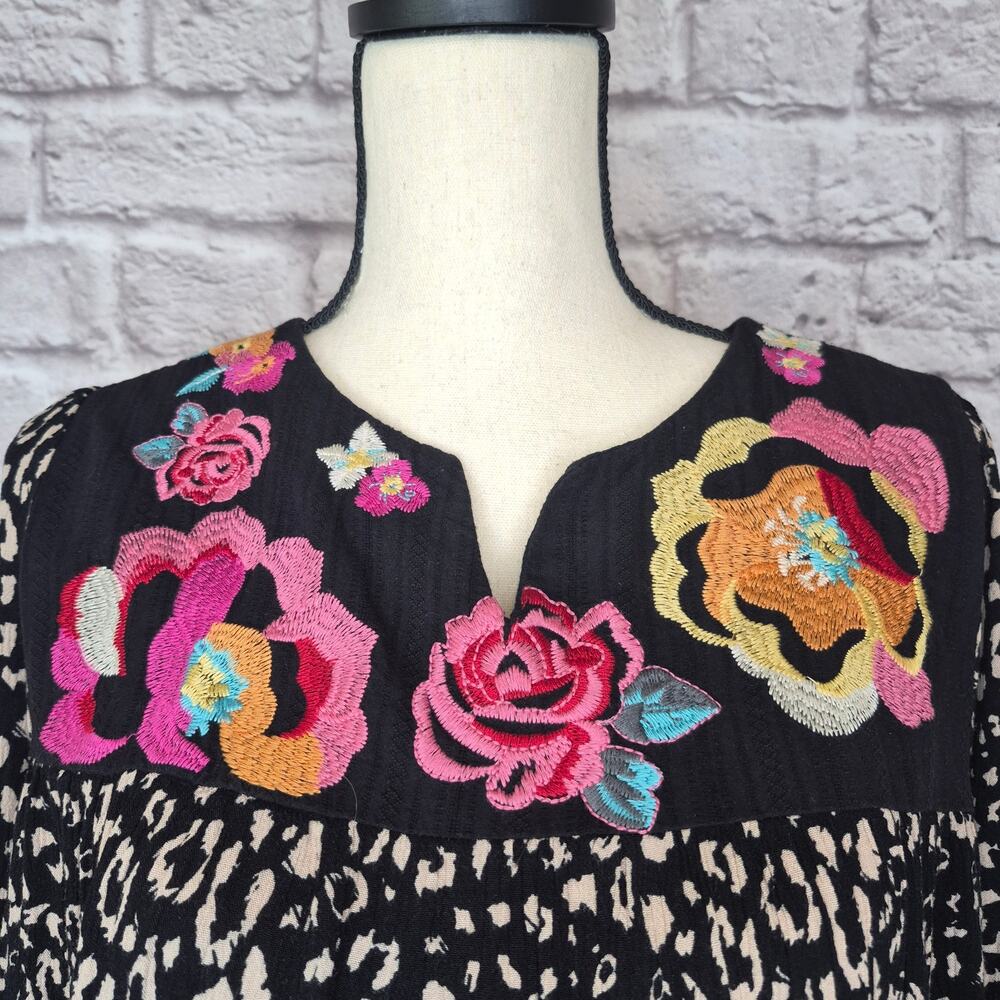 Savanna Jane Leopard Floral Embroidered V Neck Boho Blouse Top Long Sleeve Sz L - Picture 4 of 10
